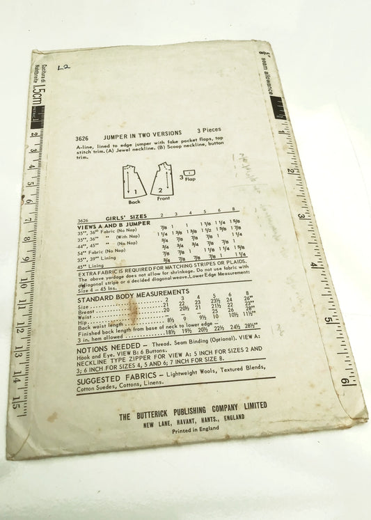 1960s Vintage Butterick #3626 Dressmaking Pattern • Girls' A-line dress