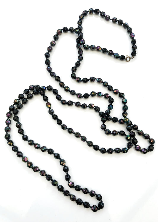 Vintage Black Iridescent Faceted Glass Bead Flapper Necklace • Knotted