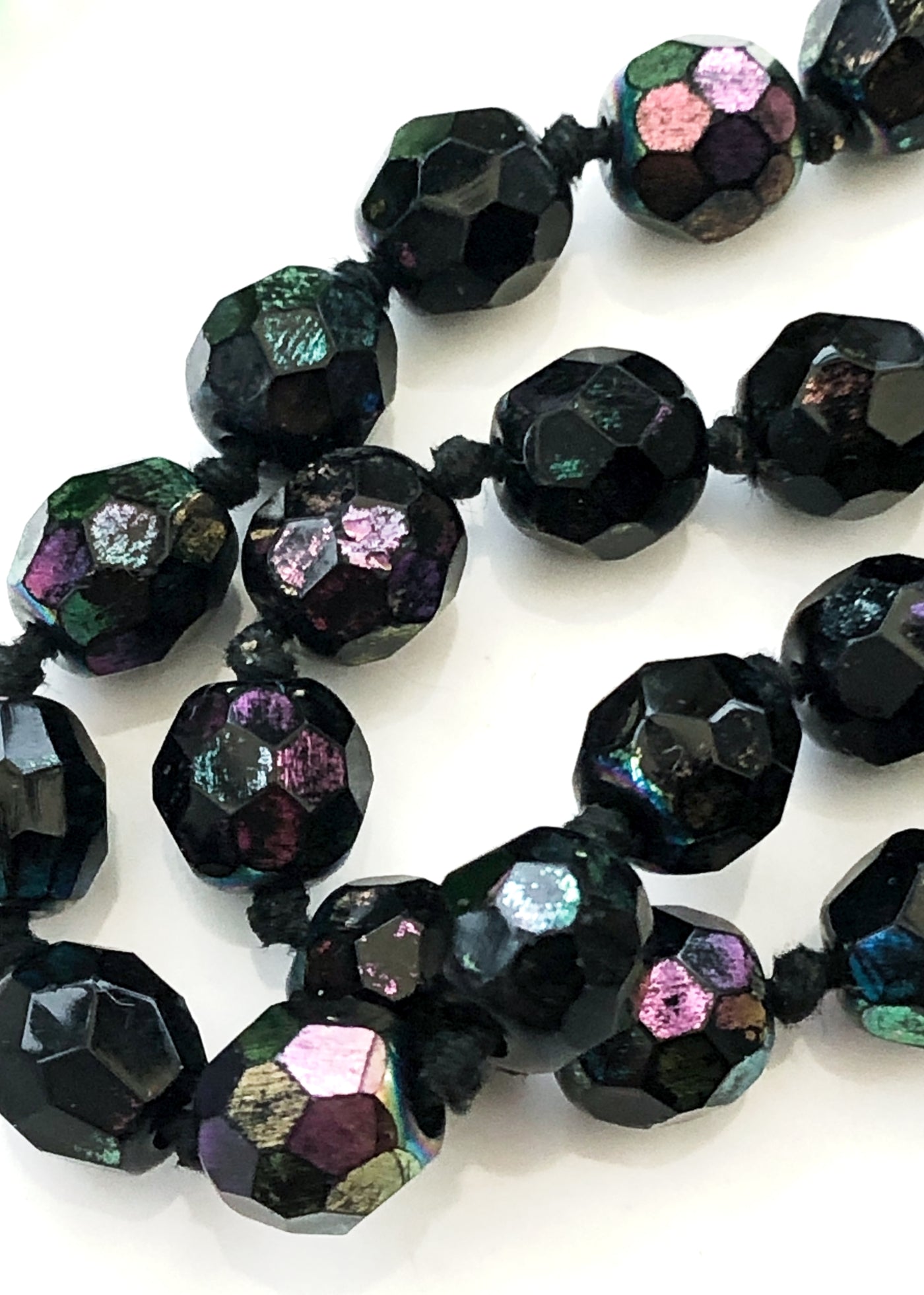 Vintage Black Iridescent Faceted Glass Bead Flapper Necklace • Knotted