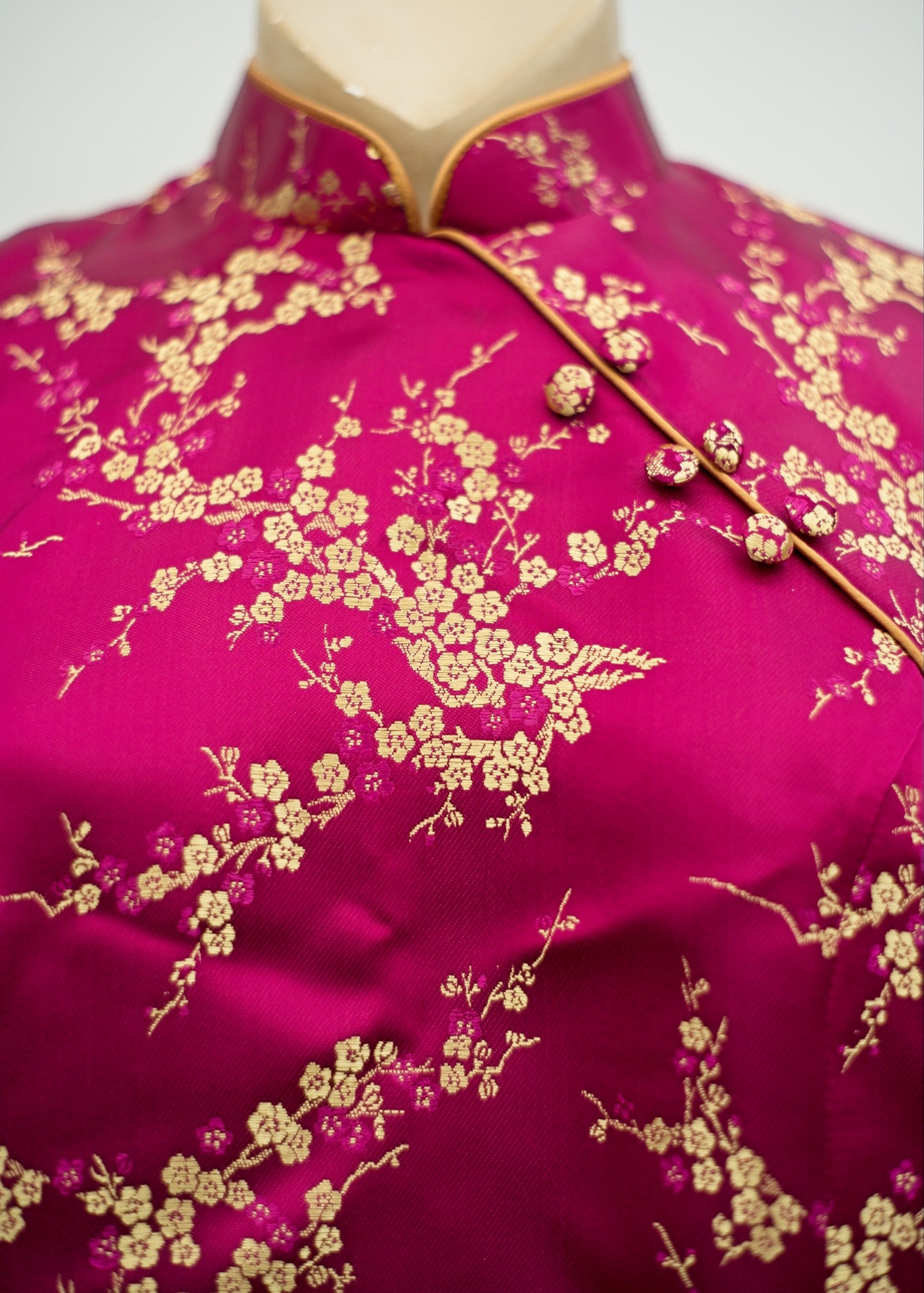 Cerise Pink Gold Satin Brocade Cheongsam Blouse Top