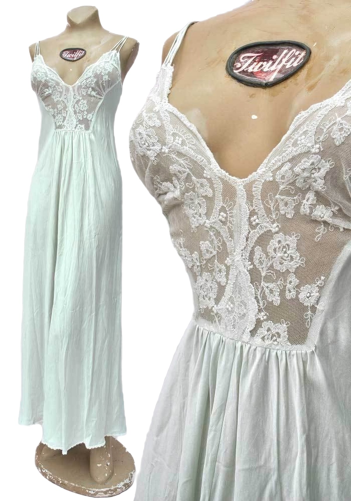 Gorgeous Vintage Charlotte Hilton Mint Green Silk & Lace Nightgown • Full Maxi Slip nightie