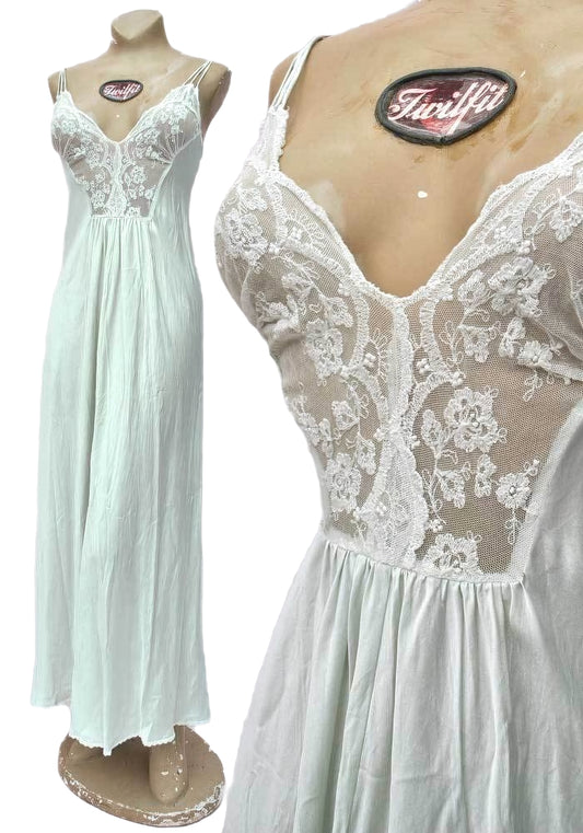 Gorgeous Vintage Charlotte Hilton Mint Green Silk & Lace Nightgown • Full Maxi Slip nightie