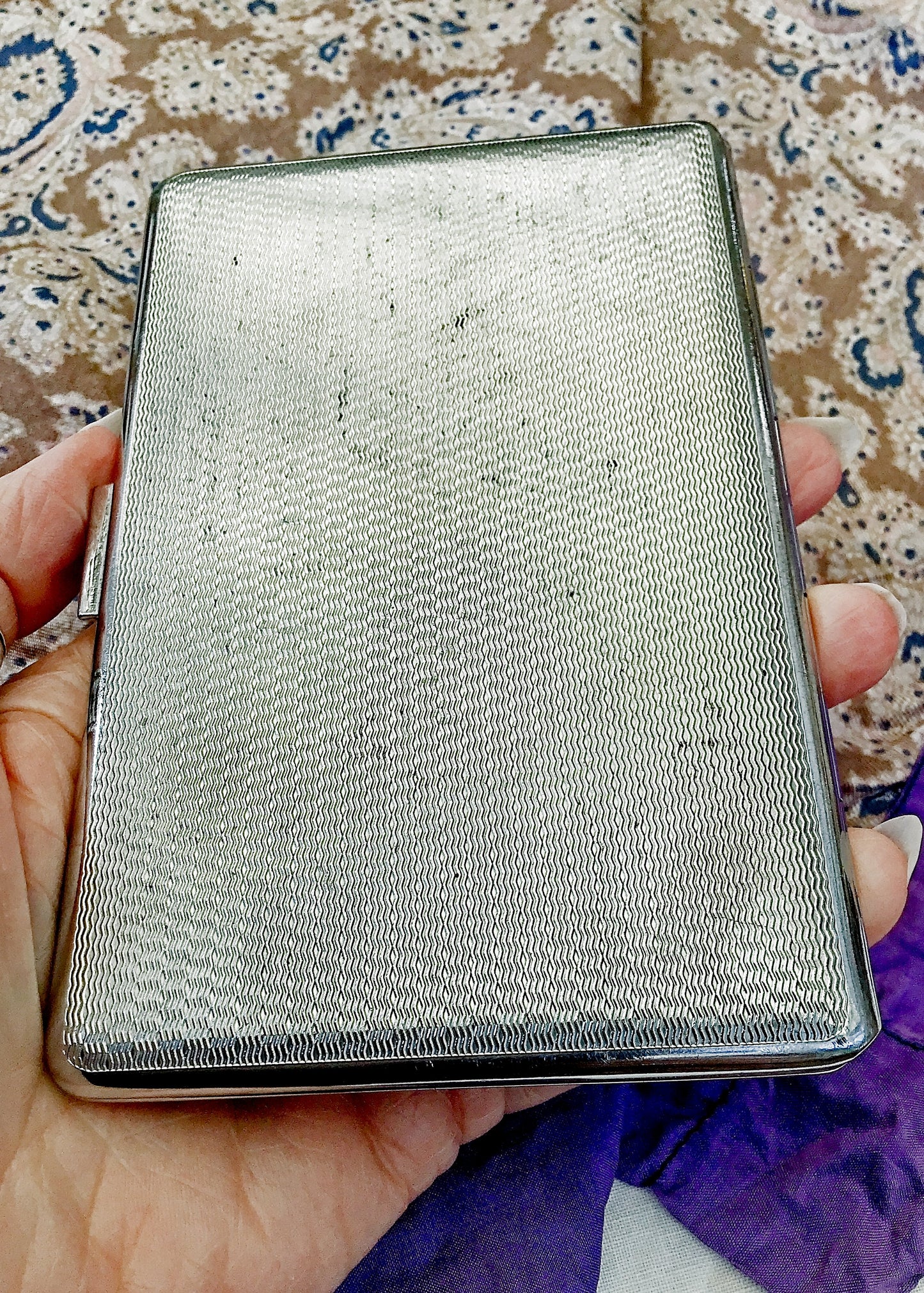 Vintage 30s Machine Turned Silver Tone Cigarette Case