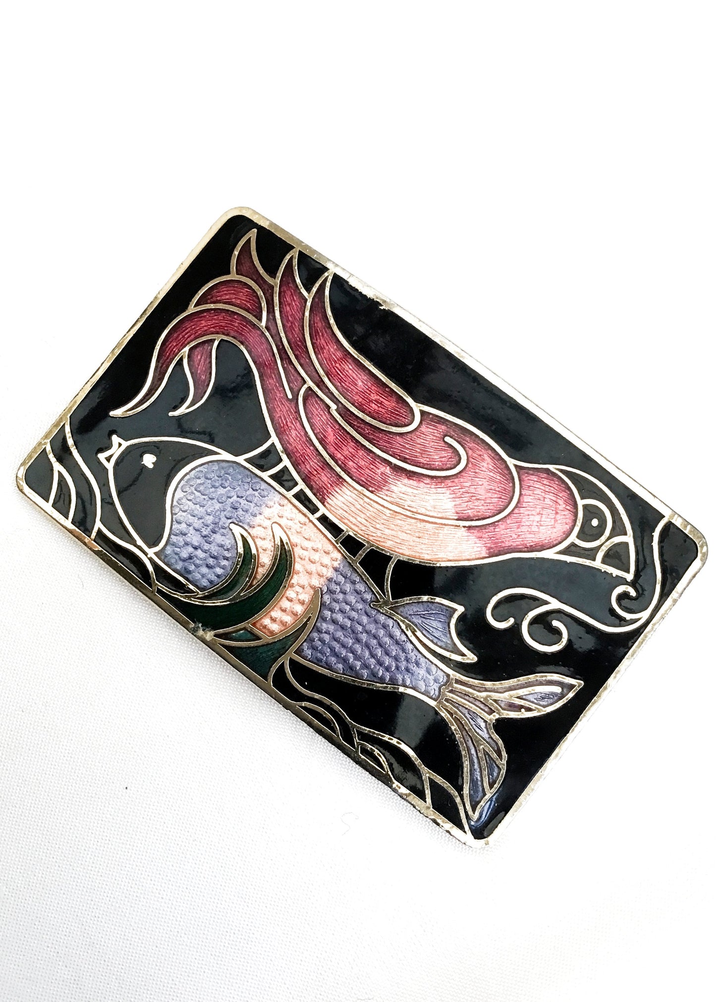 Vintage Enamel Cloisonné exotic Bird and blue Fish Brooch