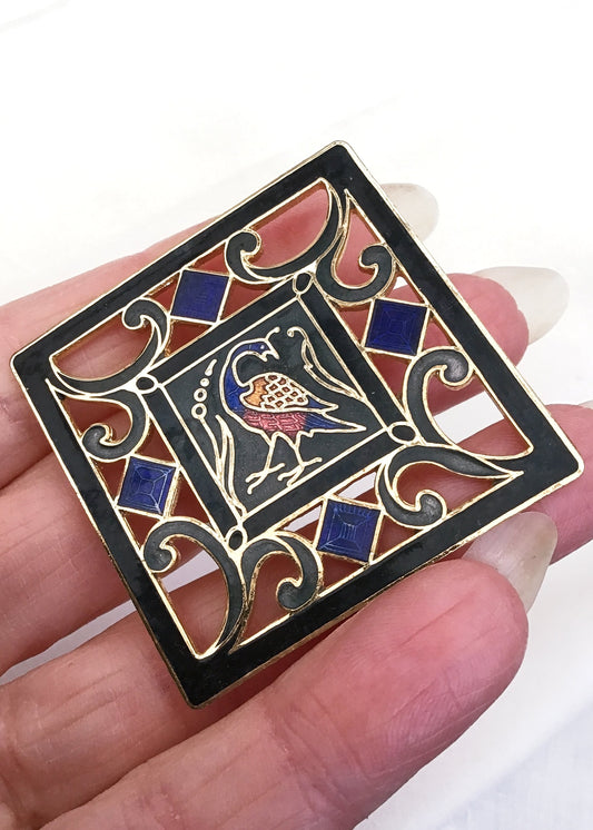 Vintage Enamel Cloisonné Phoenix Bird Square Brooch
