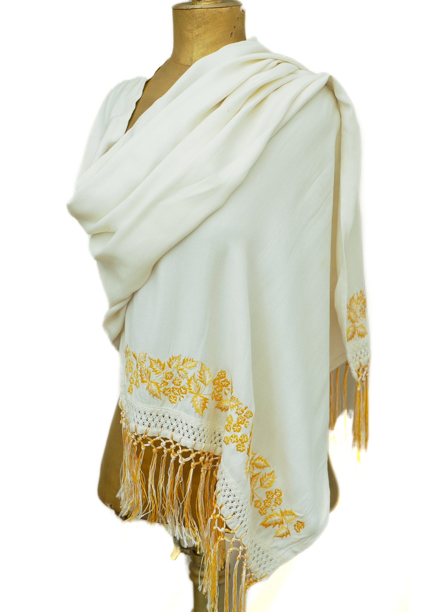 Long Cream Embroidered Leaves Shawl Scarf • Knotted Fringe