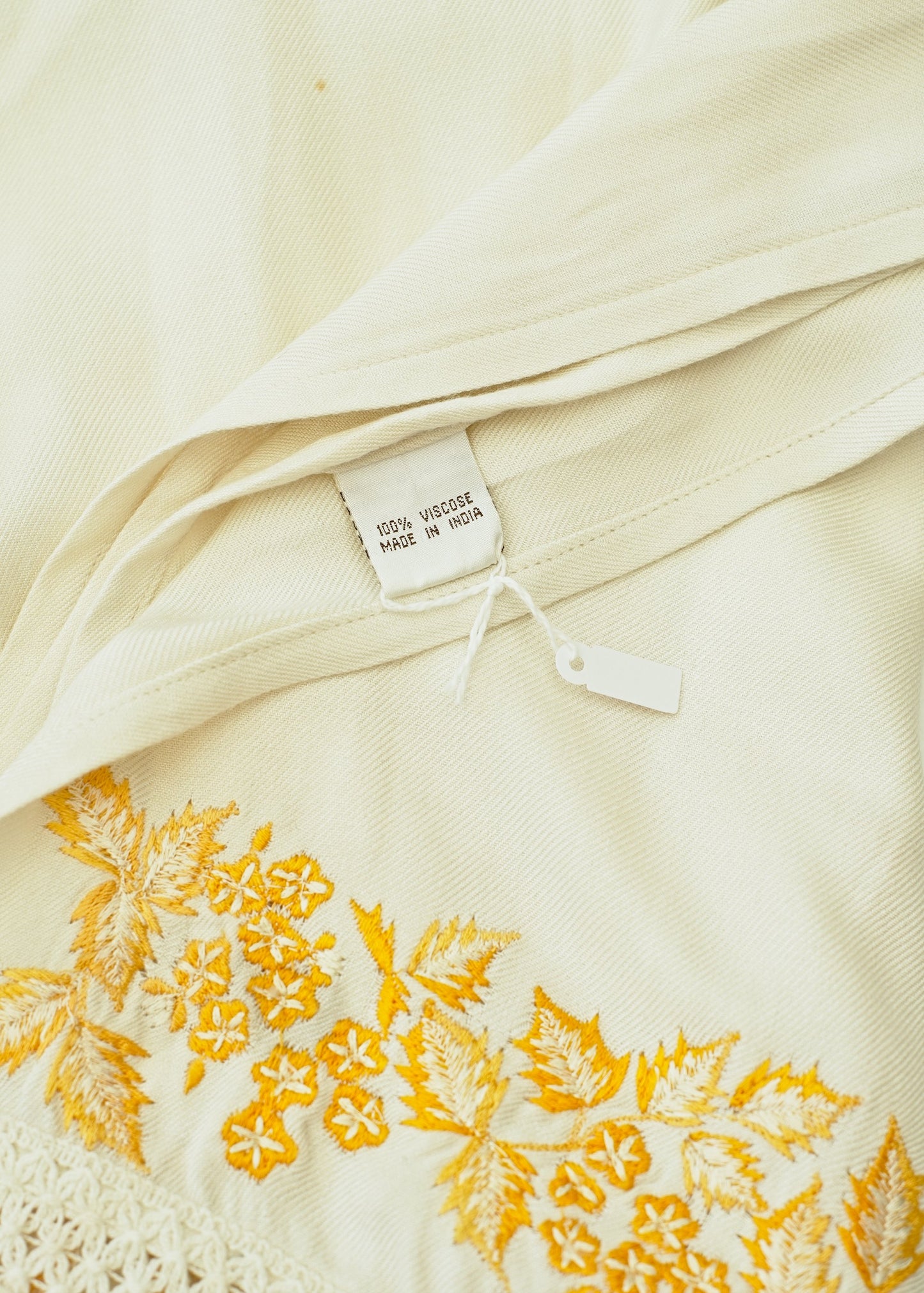 Long Cream Embroidered Leaves Shawl Scarf • Knotted Fringe