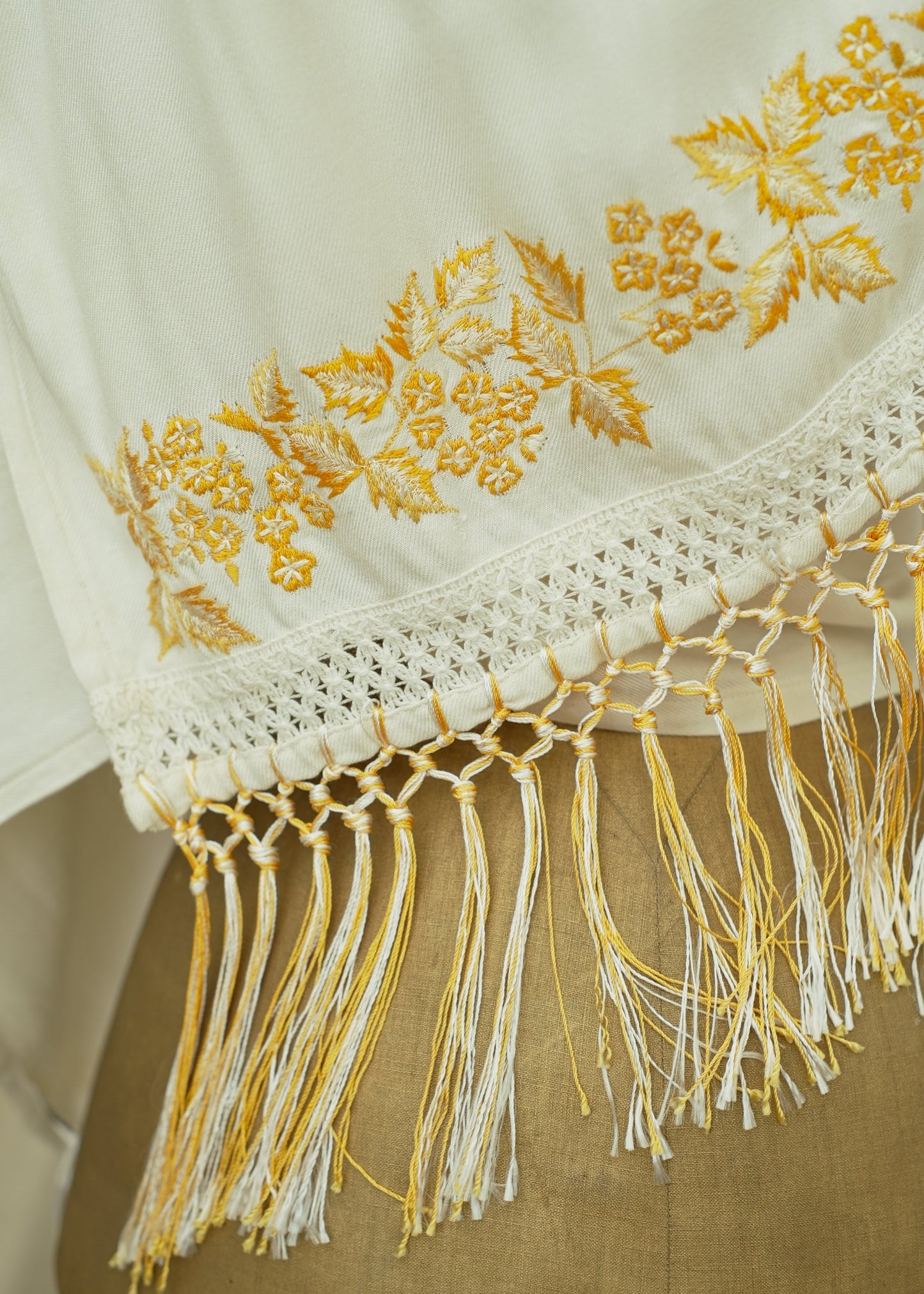Long Cream Embroidered Leaves Shawl Scarf • Knotted Fringe