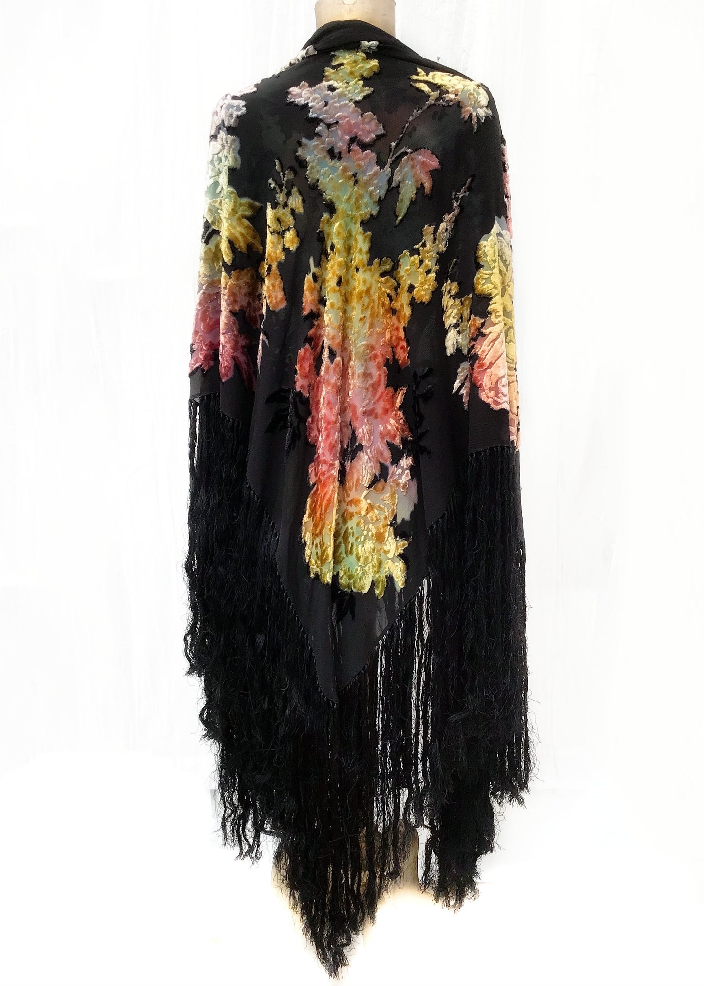 Vintage Devoré Silk Velvet Ombre Piano Shawl • Deep Tied Fringe