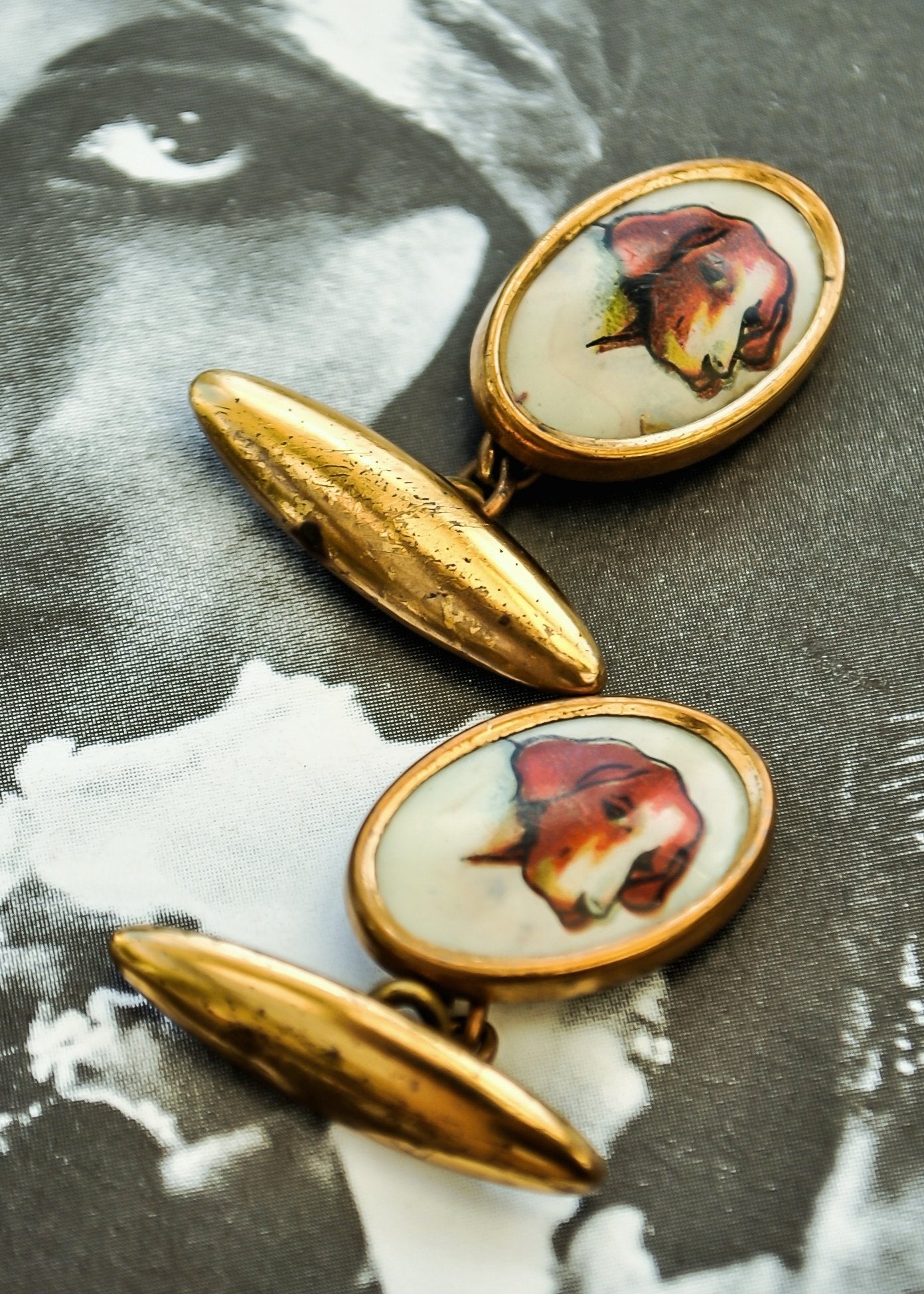 Antique 1920s Painted Dog Cufflinks