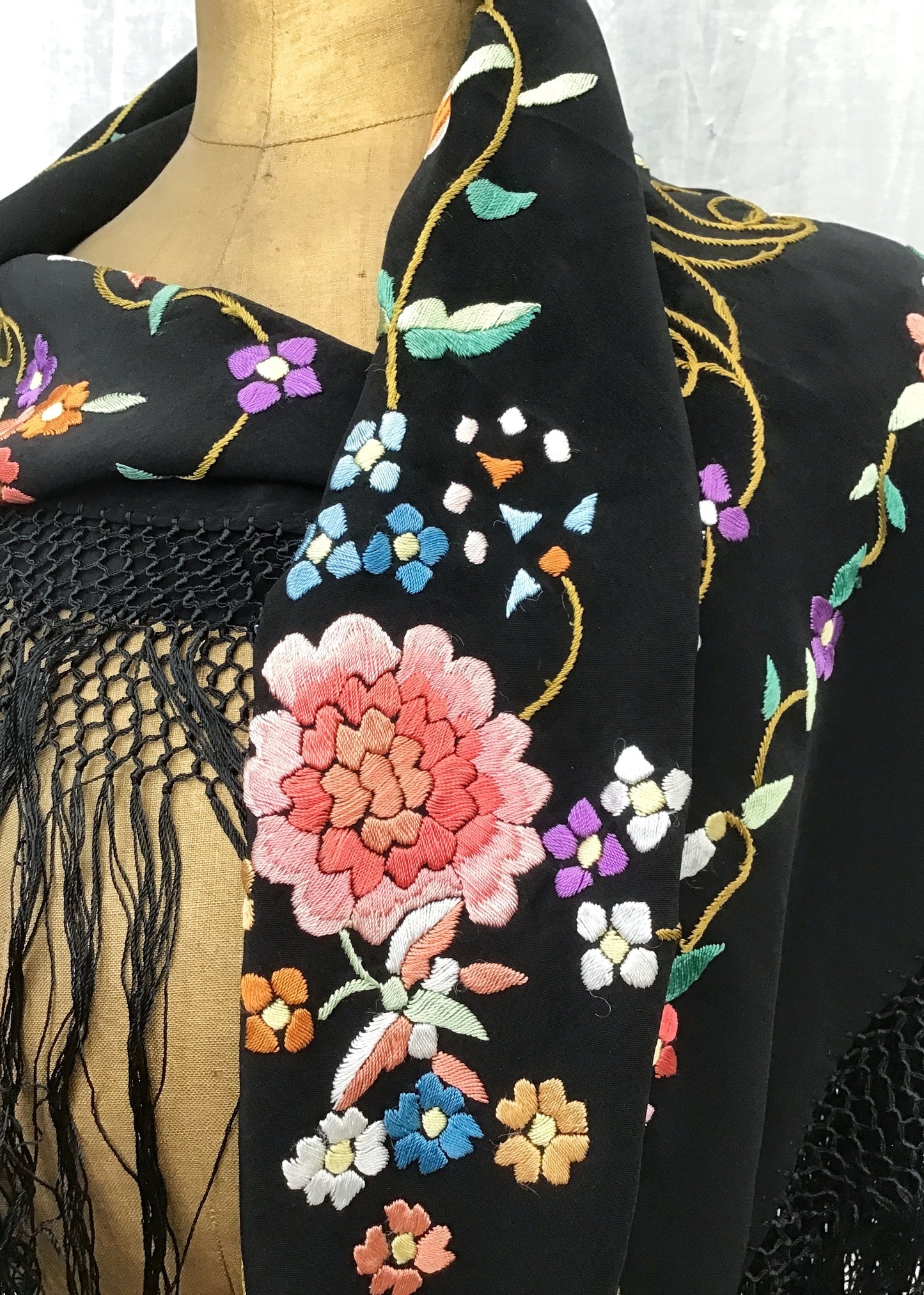 Vintage Embroidered Piano Shawl • Floral on Black • Deep Tied Fringe