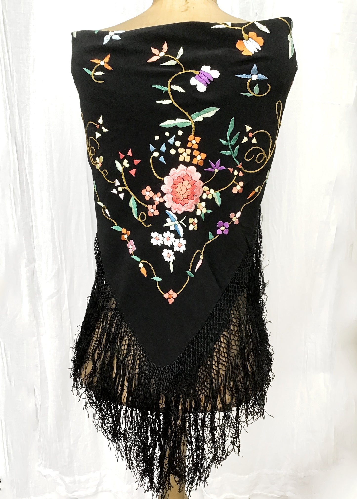 Vintage Embroidered Piano Shawl • Floral on Black • Deep Tied Fringe