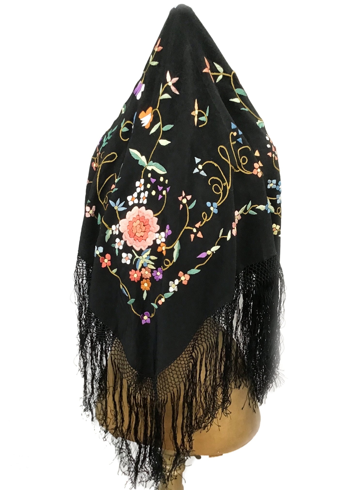Vintage Embroidered Piano Shawl • Floral on Black • Deep Tied Fringe