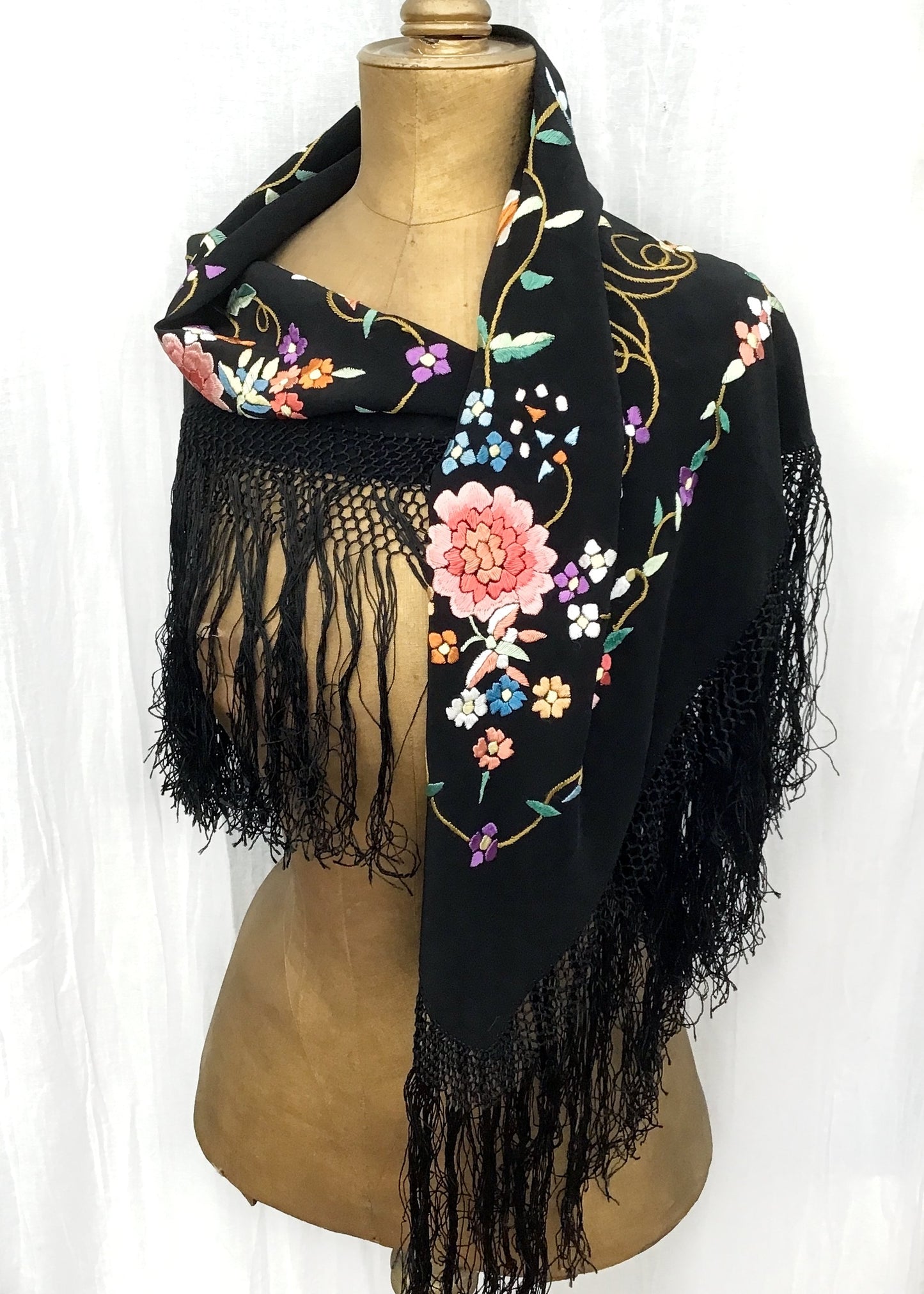 Vintage Embroidered Piano Shawl • Floral on Black • Deep Tied Fringe