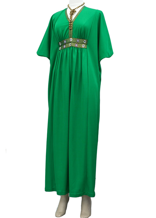 vintge 70s emerald green maxi kaftan hostess dress by st michaels