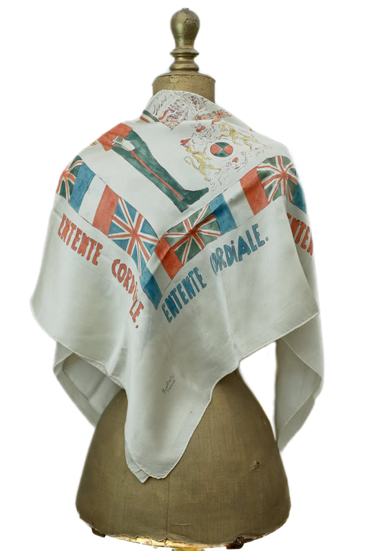 Vintage Entente Cordiale Souvenir Silk Scarf Shawl • Hand Painted