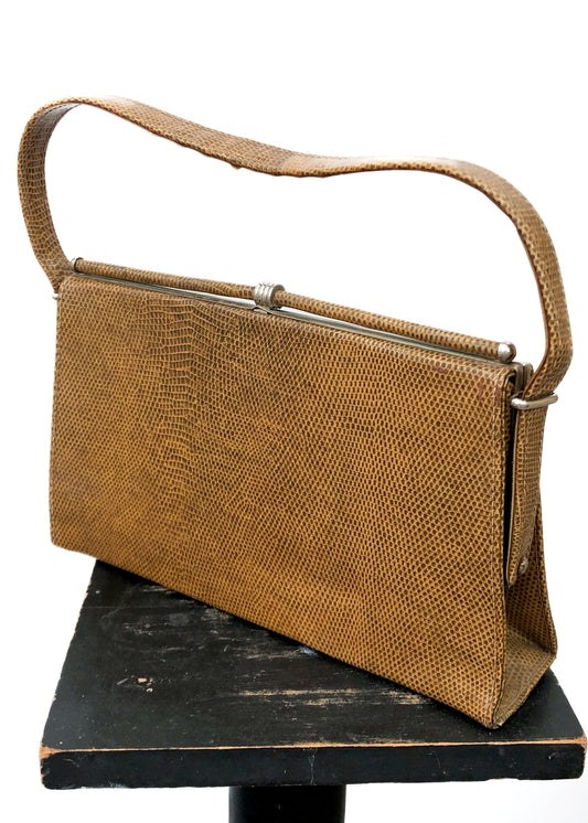 Vintage 60s Faux Lizard Skin Kelly Handbag • Light Tan