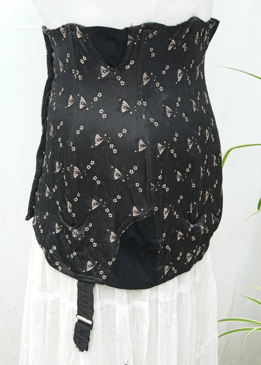 Vintage Boned Girdle Corset • Black + Pink Brocade • Front Lace + Hook Closure
