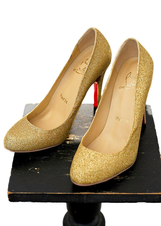Fabulous Gold Glitter Fifi  Pumps Louboutin Shoes  • Size 37