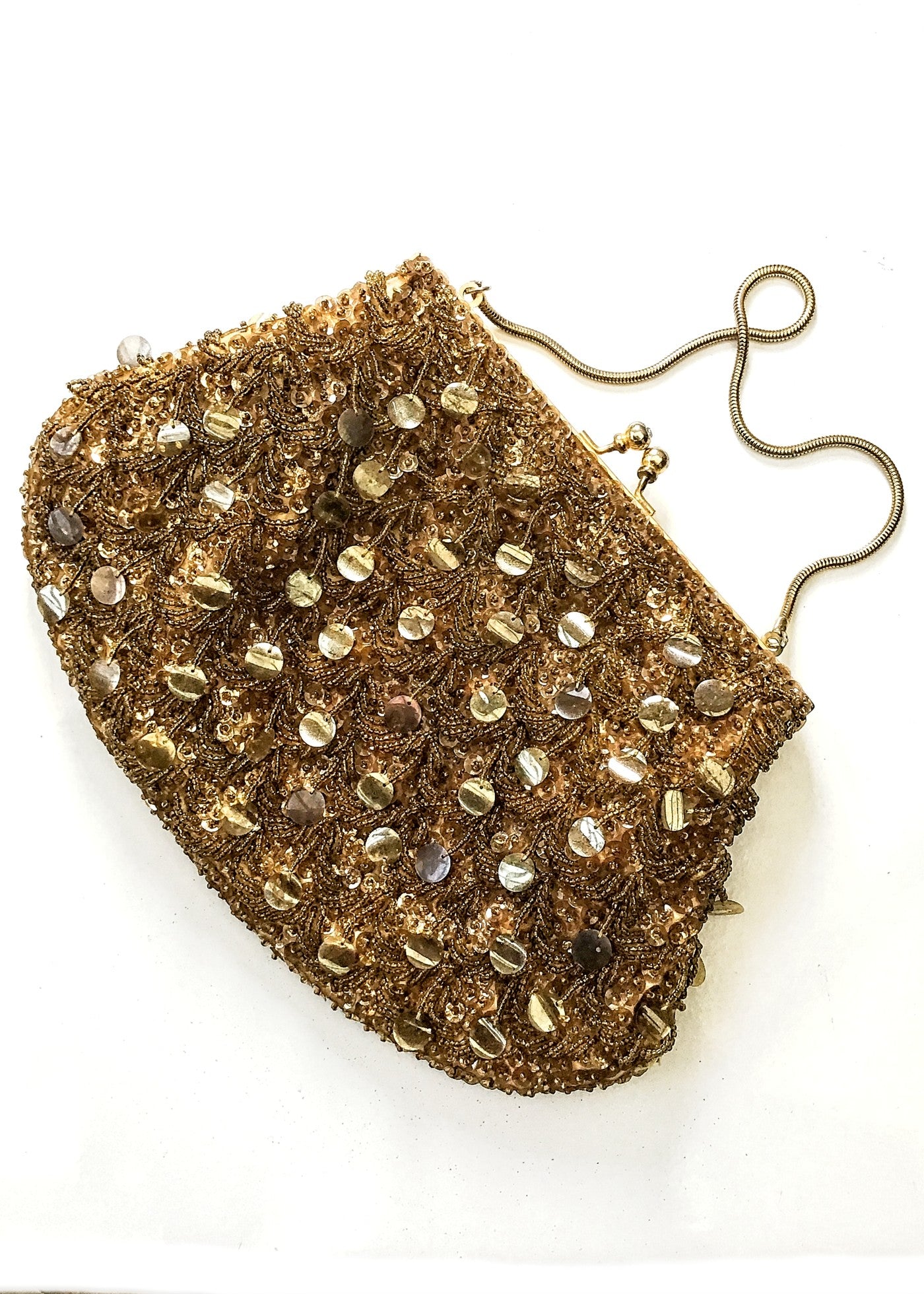 Vintage 60s Gold Sequin Beaded Evening Purse • Snake Chain Handle