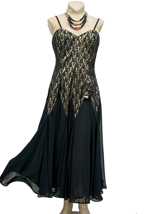 Vintage Gold and Black Lace • Chiffon Cocktail Party Dress • Jane Paris