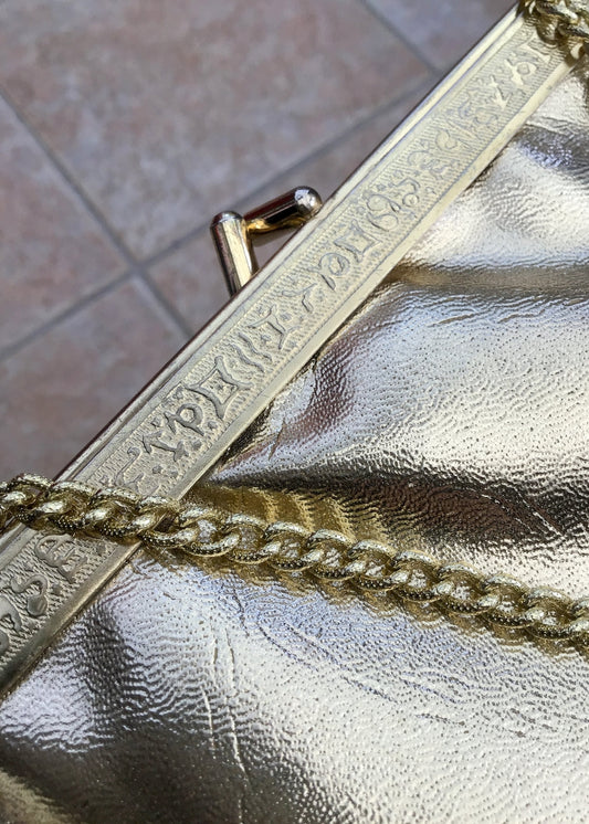Vintage Gold Vinyl Zodiac Evening Purse with Chain Strap Handle