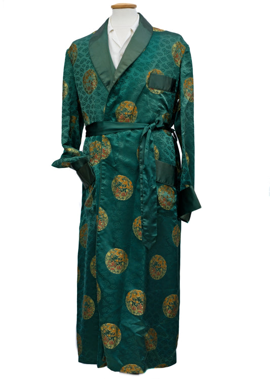 stunning green satin brocade chinese dressing gown, robe for men in a 46 chest. Emerald green with gold dragons.