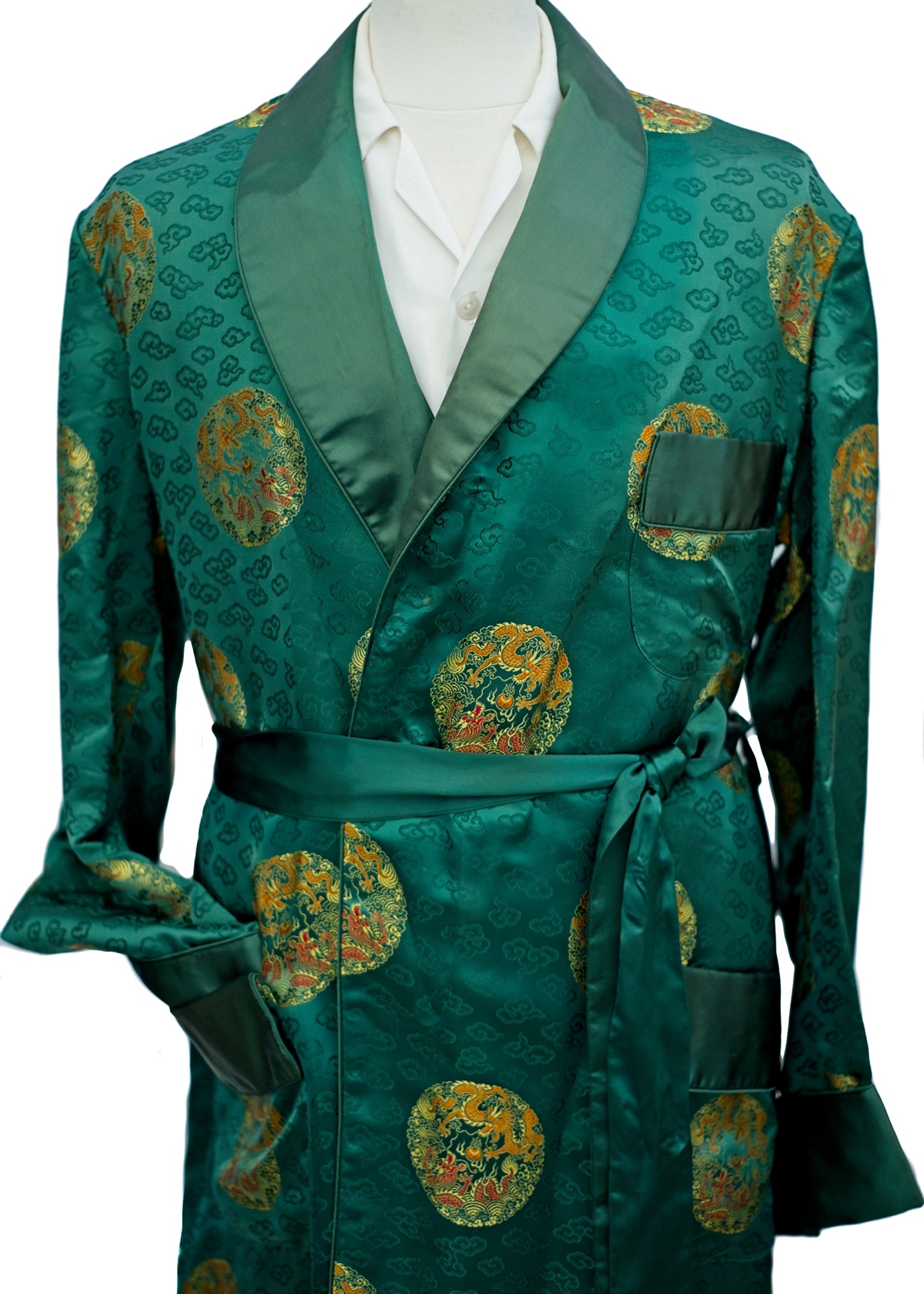 Vintage Men's Green Satin Brocade Gold Dragon Robe Dressing Gown