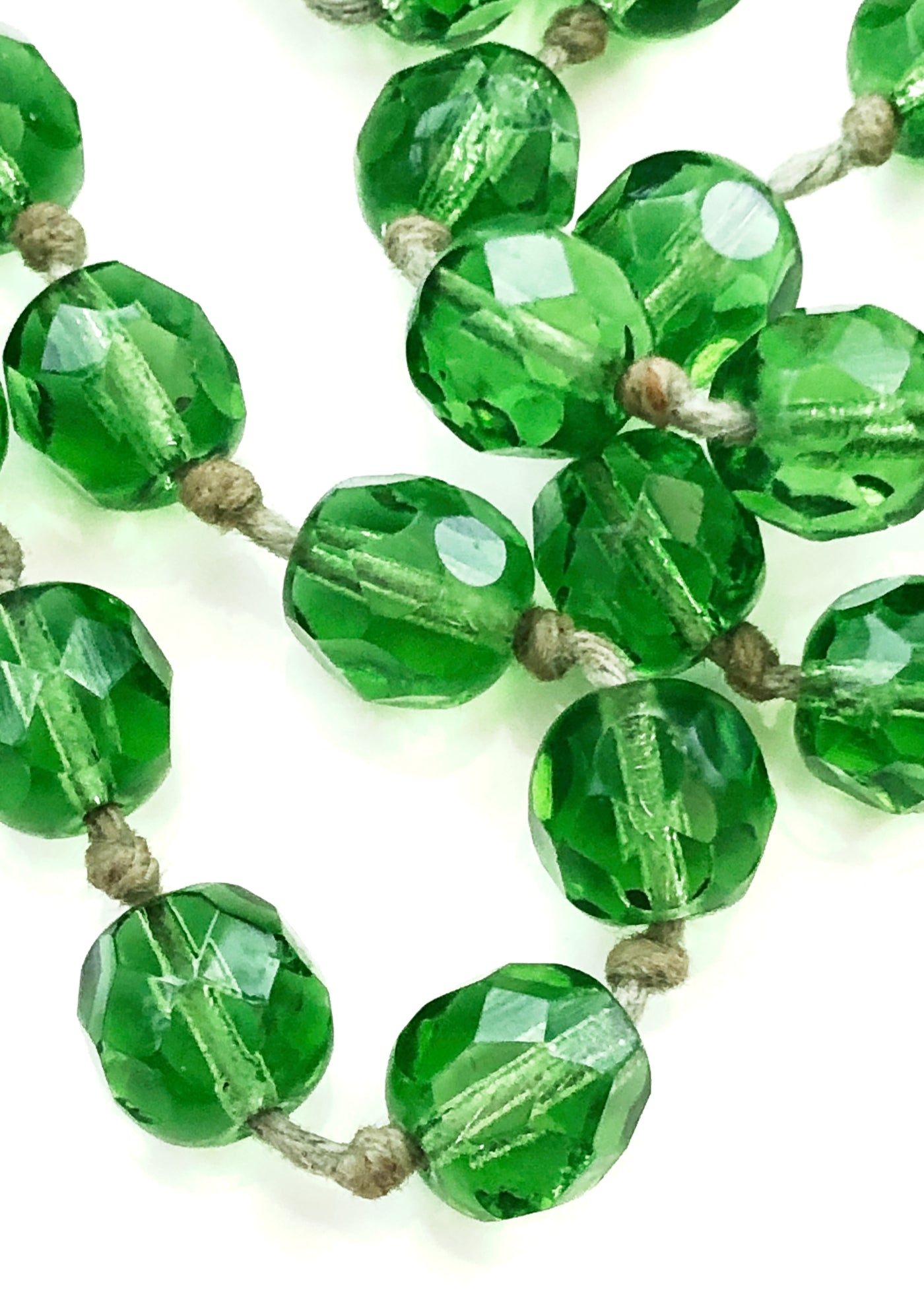 Vintage Green Faceted Glass Bead Flapper Necklace • Knotted