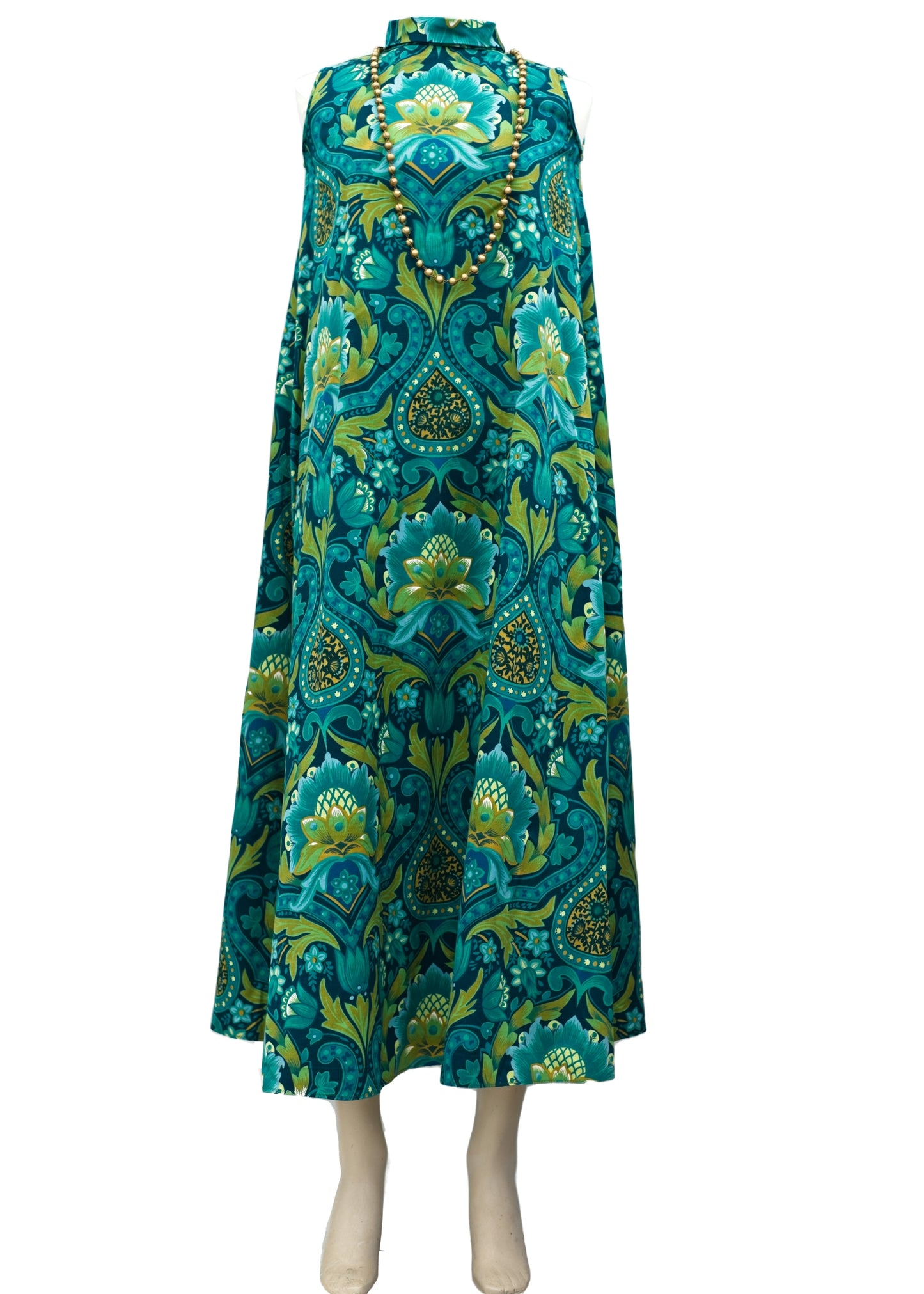 1960s Vintage Green Sleeveless Hostess Maxi Dress • Morris Print