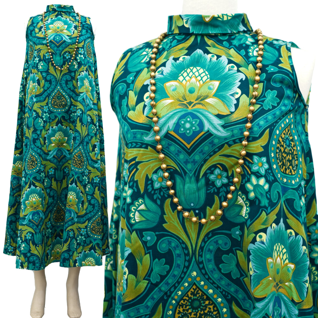 1960s Vintage Green Sleeveless Hostess Maxi Dress • Morris Print