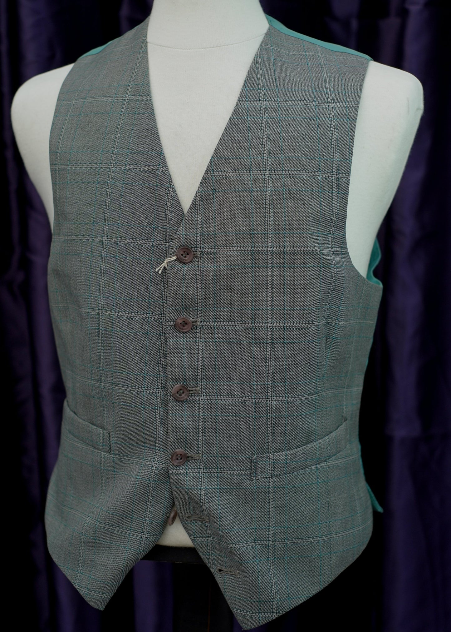 1970s Vintage Grey and Blue Check Waistcoat