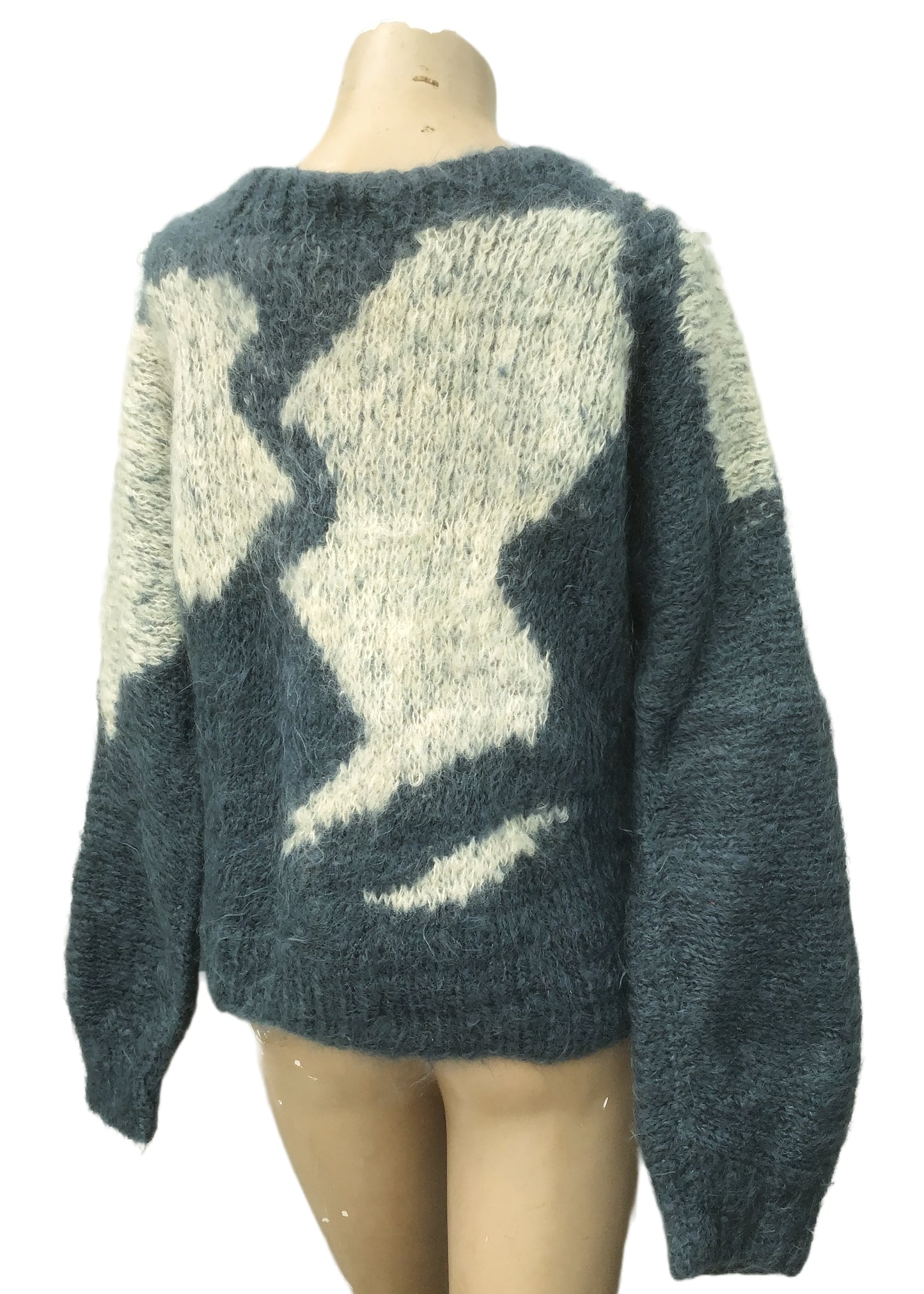 Vintage Oversized Hand Knit Blue Grey White Mohair Jumper