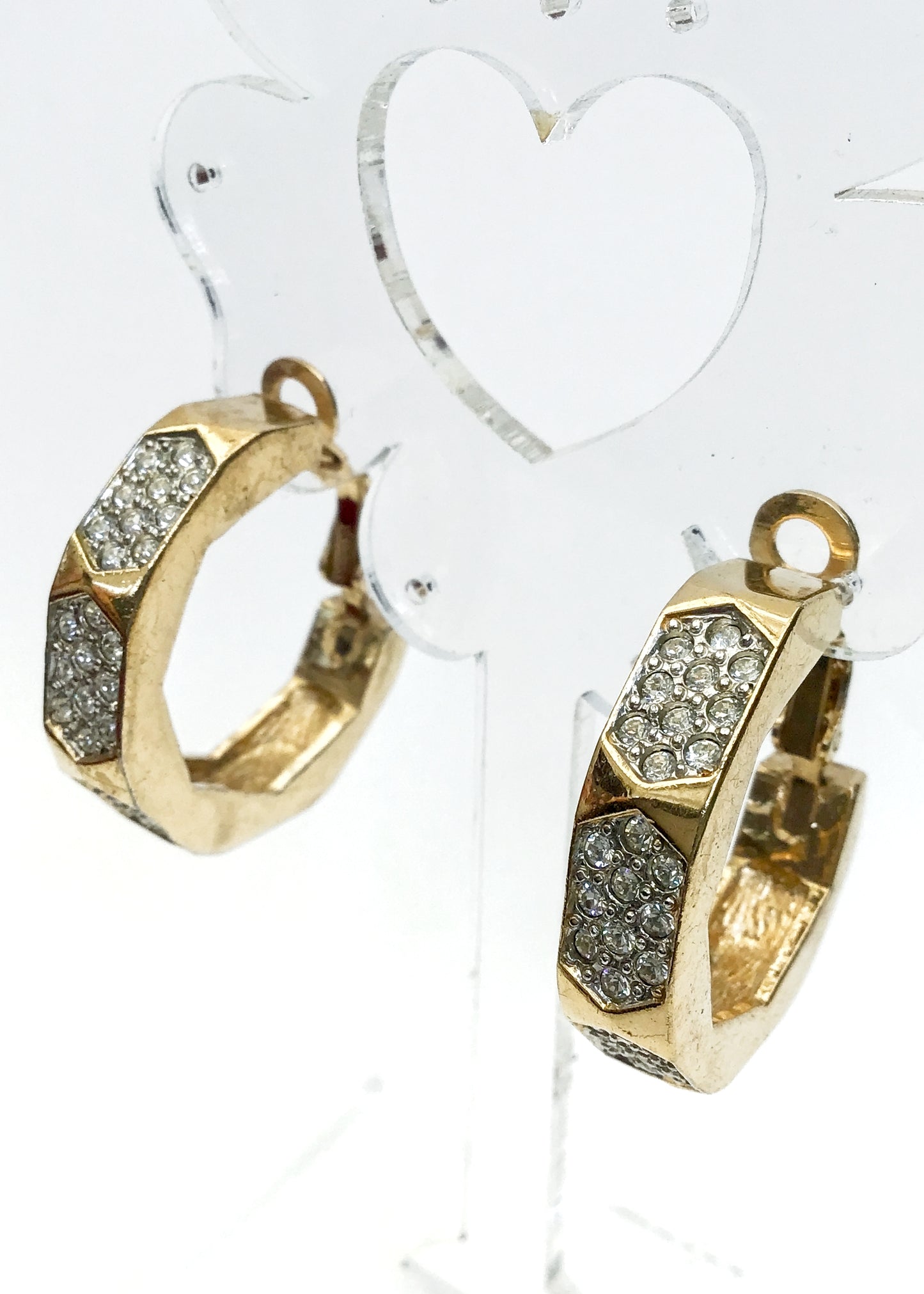 Huge Vintage 80s Pave Rhinestone Octagonal Hoop Clip On Earrings