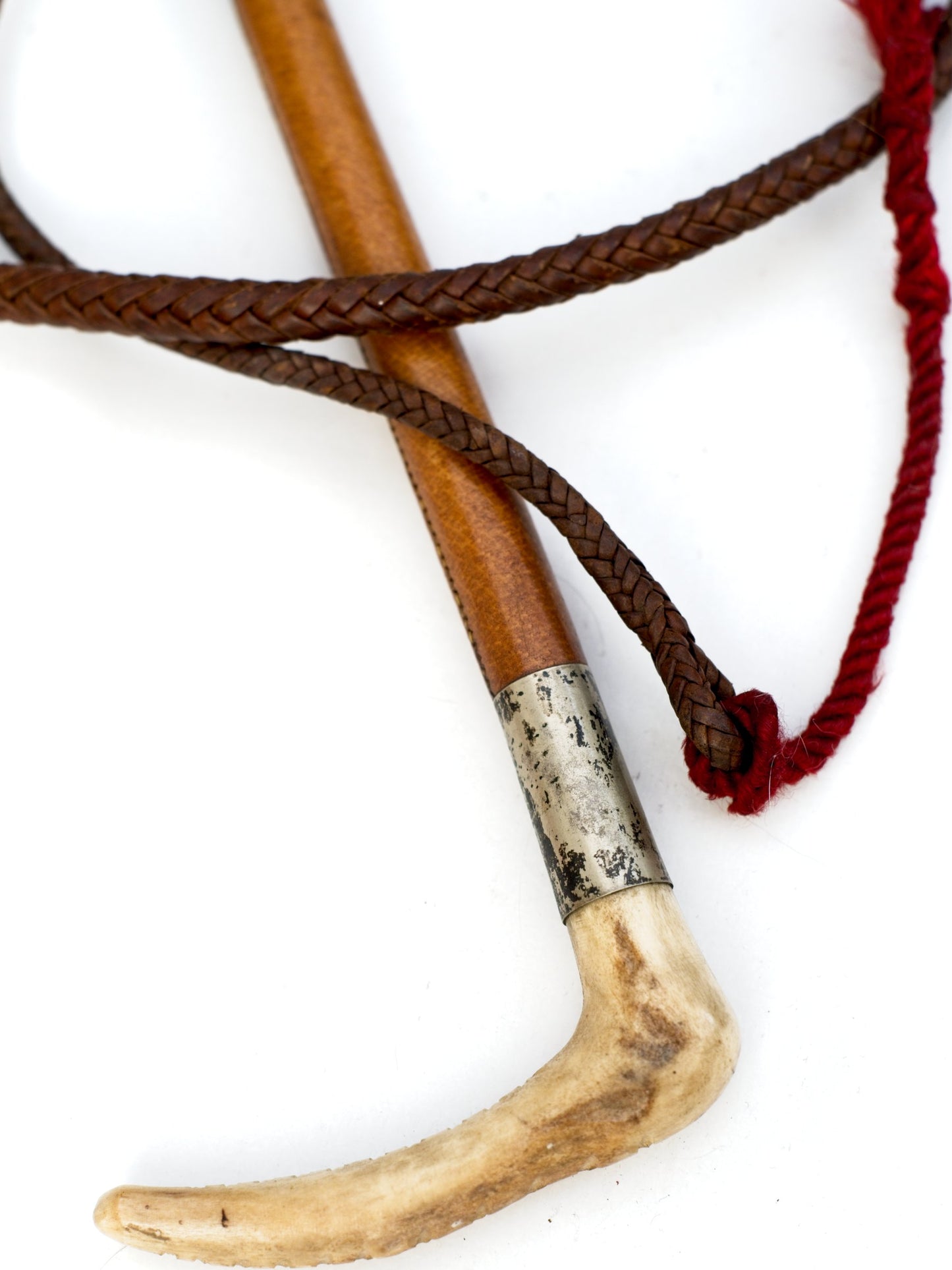 Antique Hunting Crop with Leather Whip and Lash • Stag Horn Handle