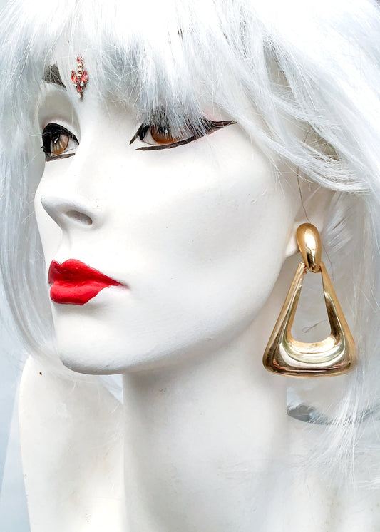 1980s Huge Gold Door Knocker Earrings • Triangle Hoops