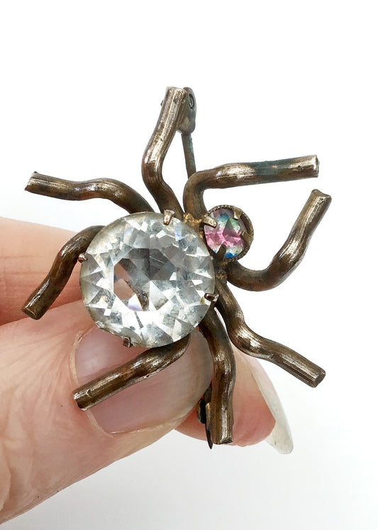 antique art deco czech glass and brass spider brooch with iris glass and crystal