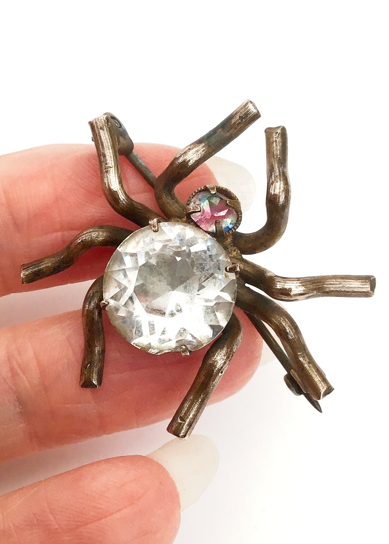 Vintage Deco Crystal Iris Glass Brass Spider Brooch