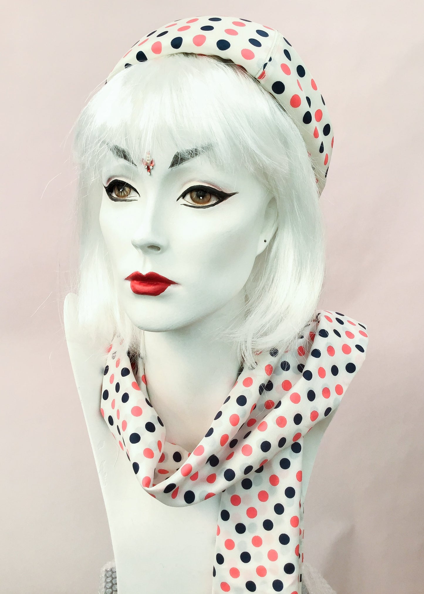 Vintage 1960s Silk Polka Dot Pillbox Hat & Scarf Set by Jaeger