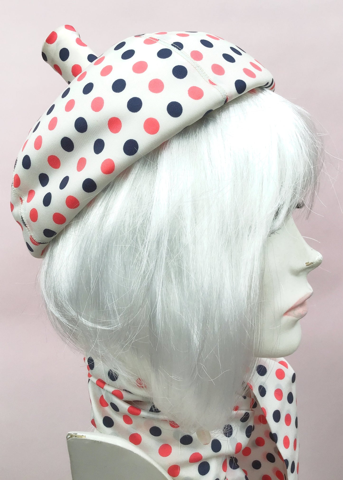 Vintage 1960s Silk Polka Dot Pillbox Hat & Scarf Set by Jaeger