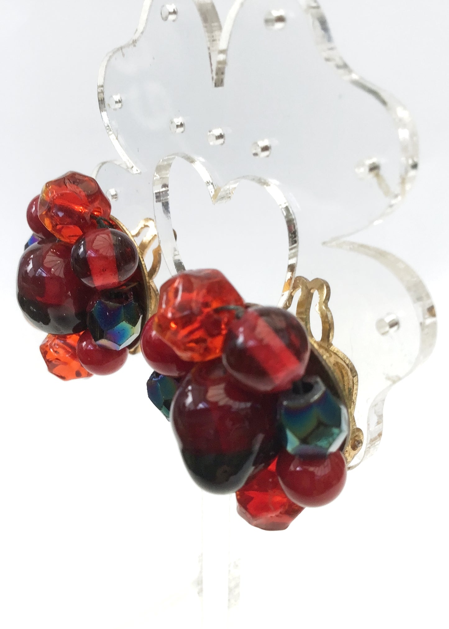 Vintage Red Art Glass Bead Cluster Earrings • Clips