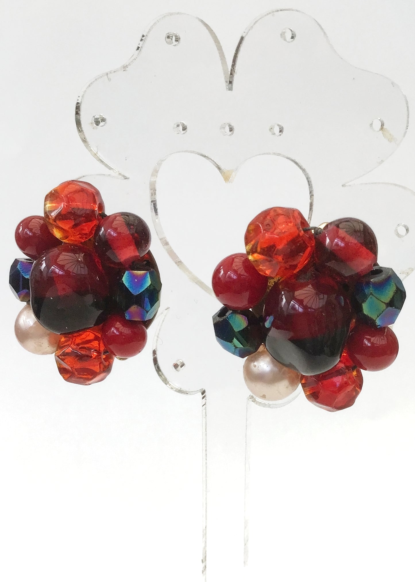 Vintage Red Art Glass Bead Cluster Earrings • Clips