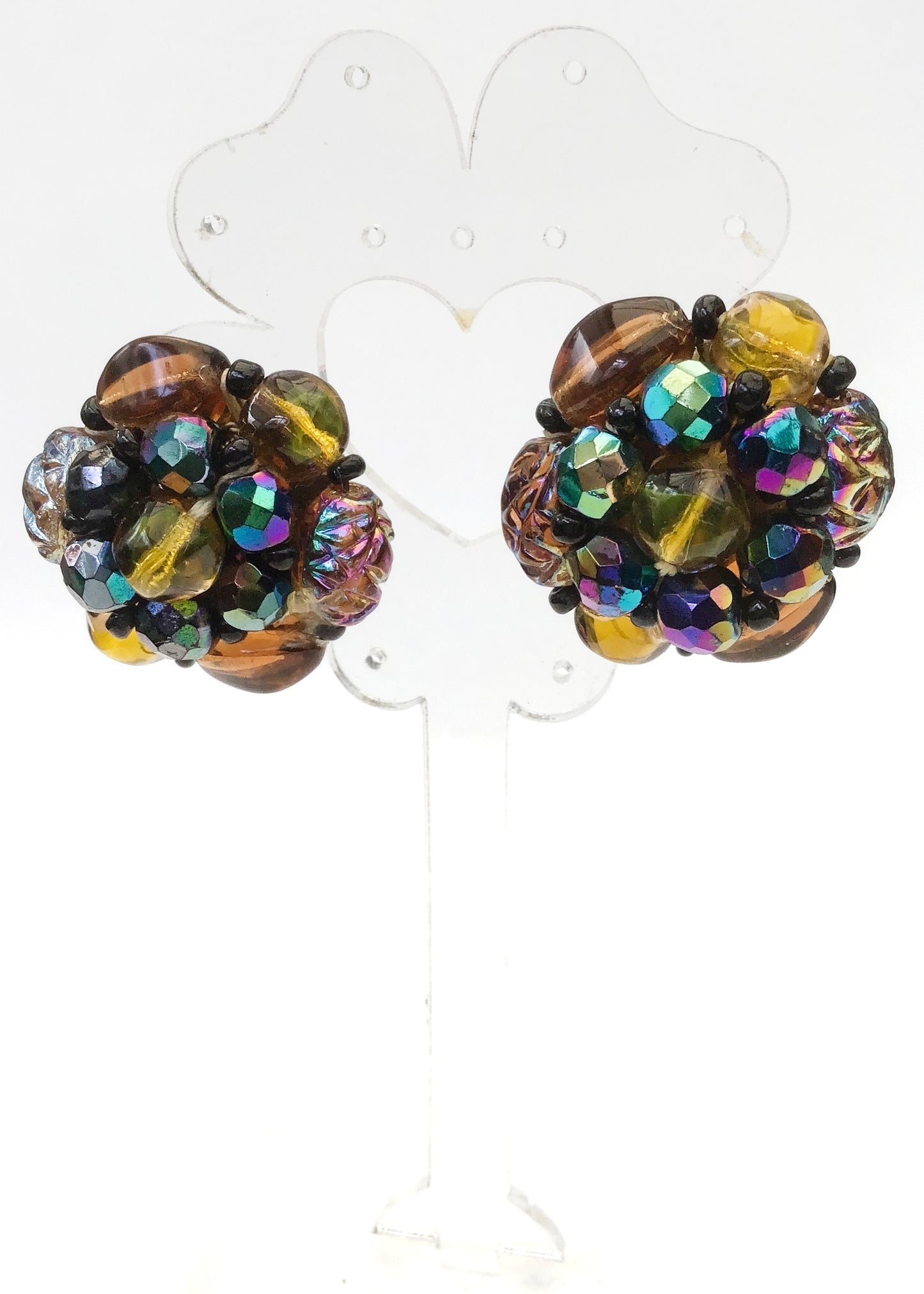 Vintage Jewelcraft Art Glass Bead Cluster Earrings • Clips