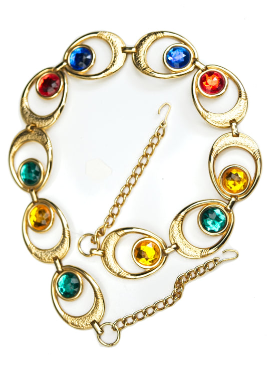 vintage 1980s multigem multicoloured gold metal chain link belt