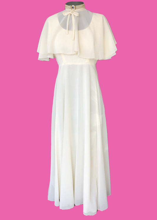 1970s Vintage Cream Chiffon Evening Dress with Cape • John Charles