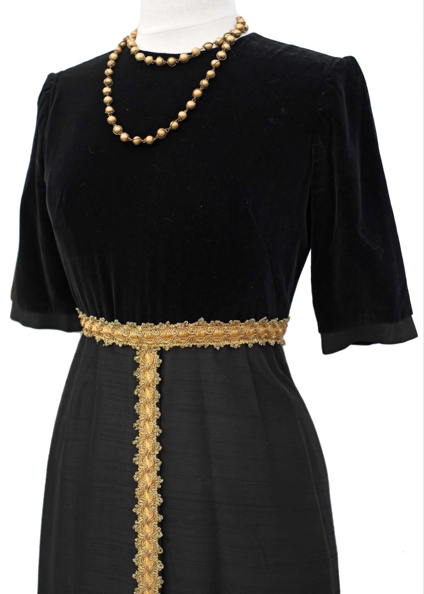 1960s Vintage Black Velvet, Silk John Charles Evening Dress • Gold Braid