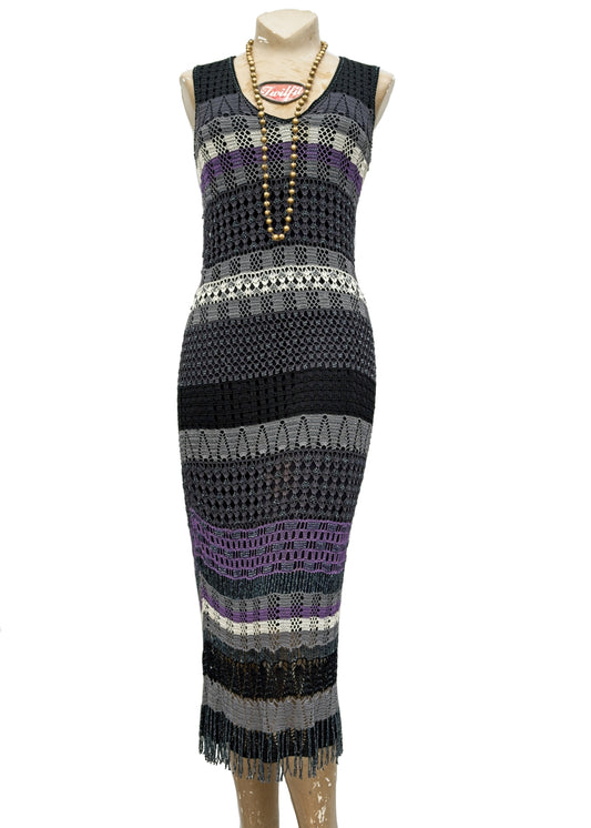1990s Vintage Purple Beaded Crochet Party Flapper Dress • Egyptian Revival Inspired