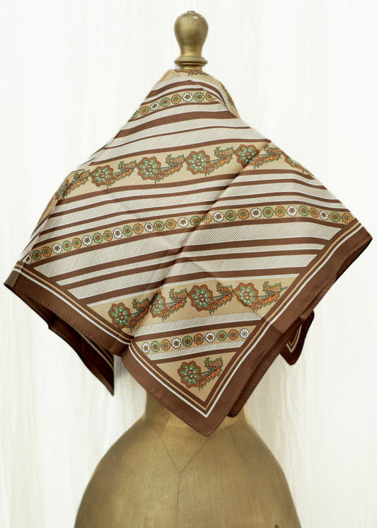 Vintage Brown and Green Flower Keynote Head Scarf • Made in Italy