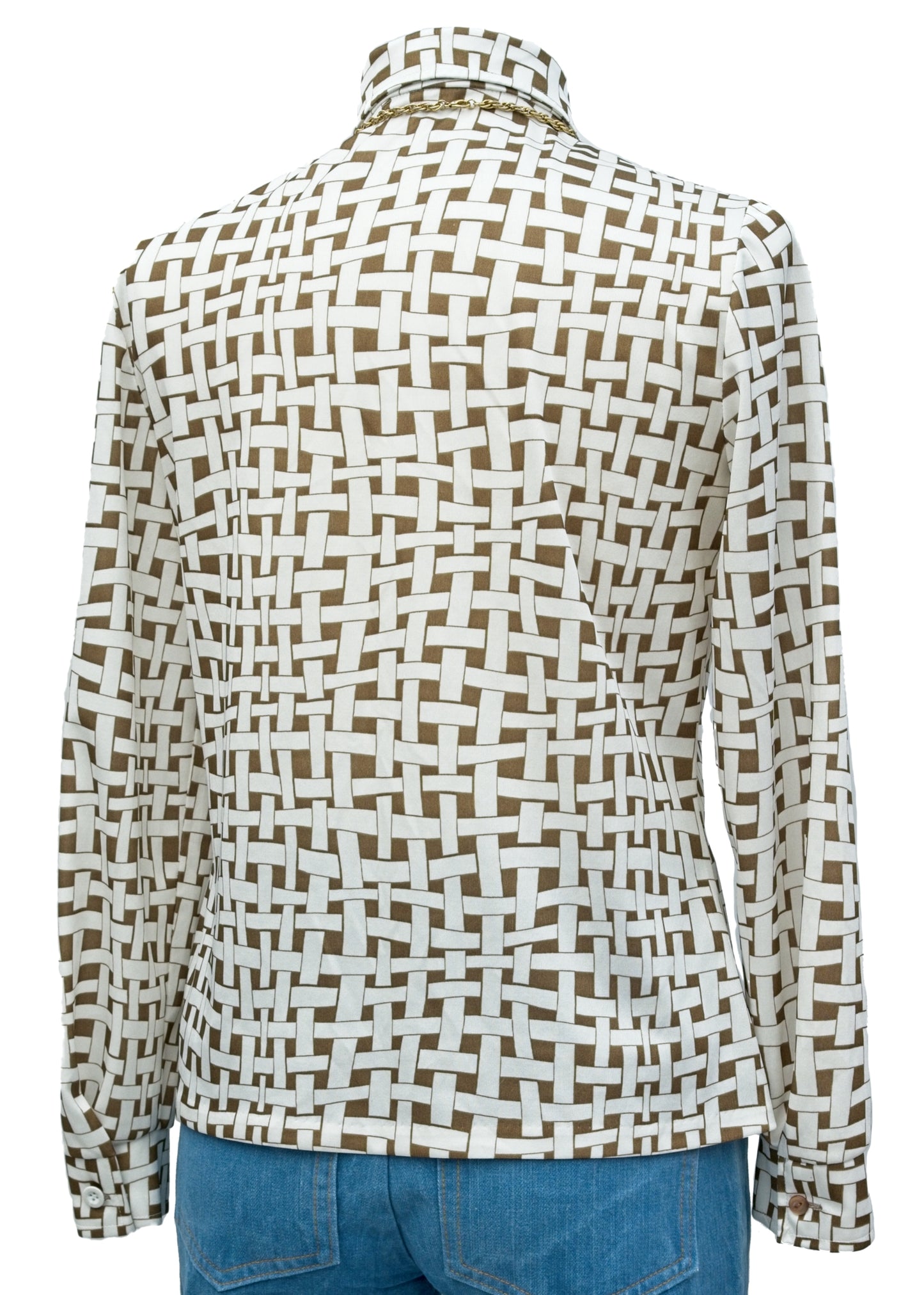 Vintage 70s Brown Mod Dagger Collar Blouse Shirt • Basket Print