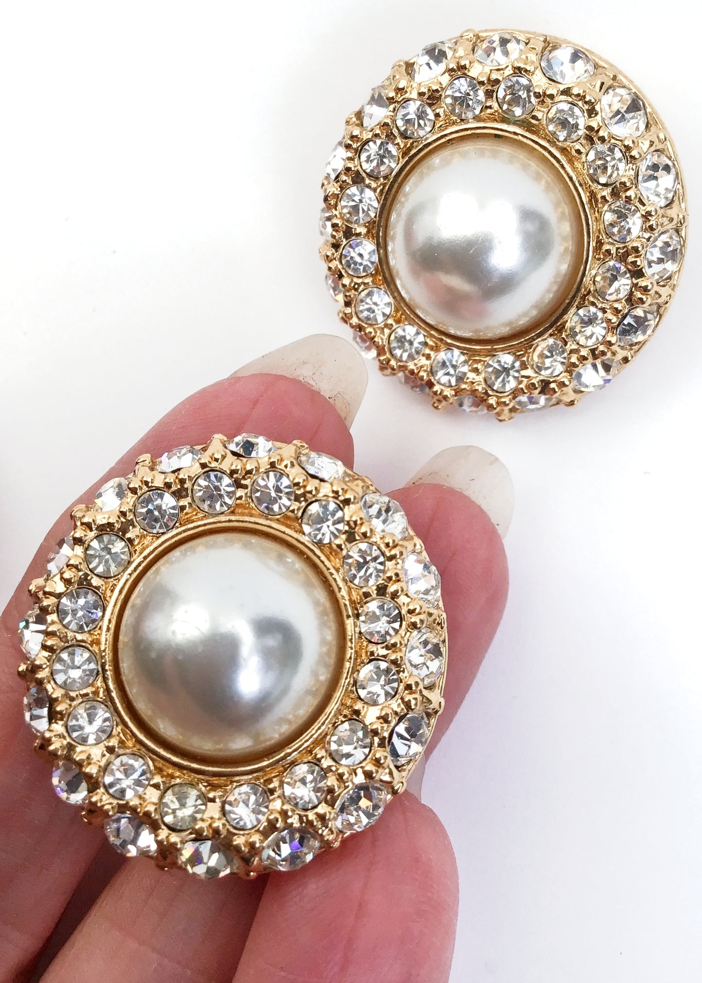 Stunning Vintage 80s Big Statement Faux Pearl Rhinestone Clip On Earrings